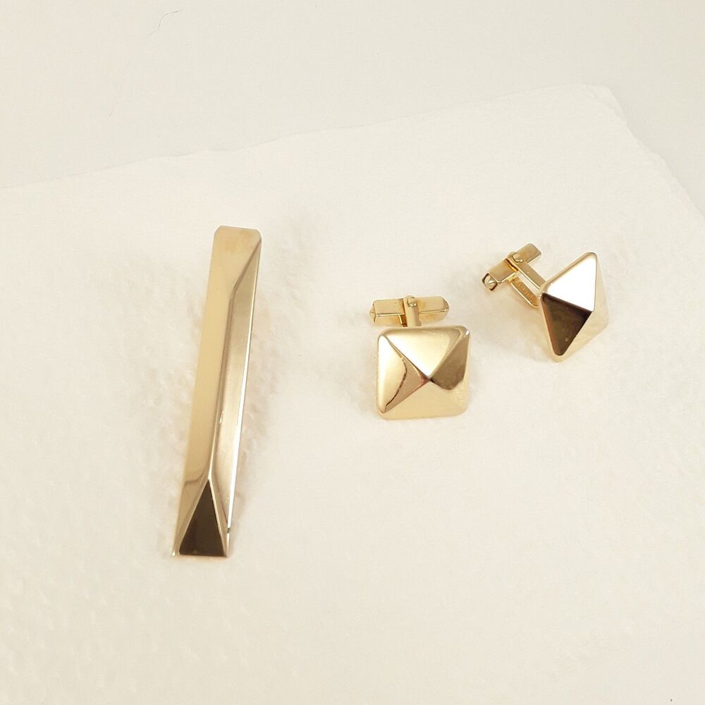 Vintage SWANK Goldtone Cufflinks & Tie Clip Set, MCM Classic, shiny gold tone